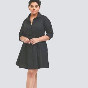 BLACK POPLIN BUTTON-FRONT FIT & FLARE SHIRT DRESS
